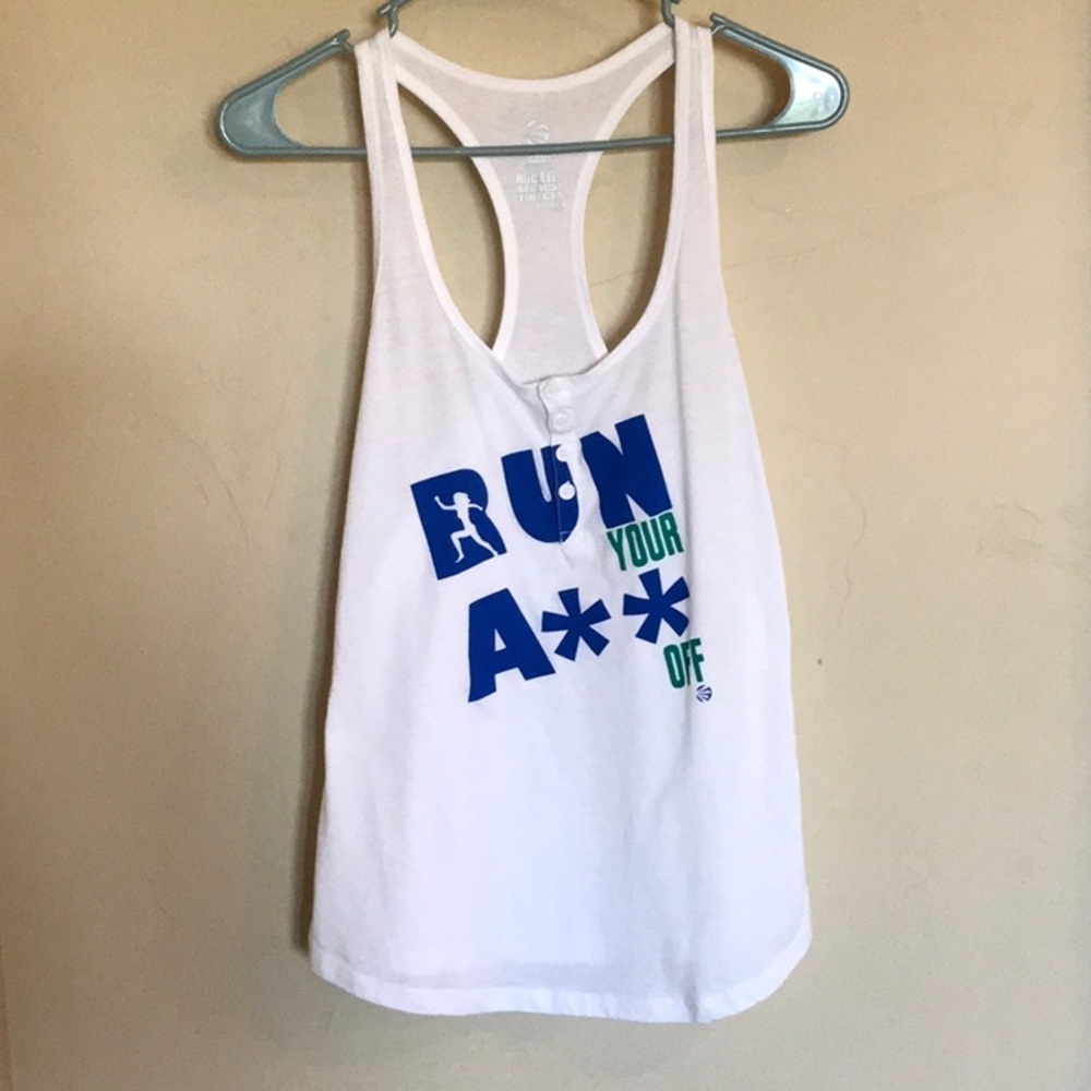 Impact White racer back tank top Run your A** off Womens Sz S